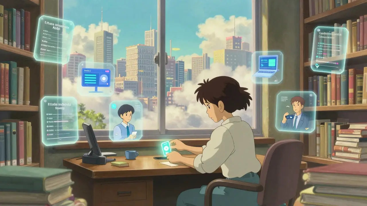 A person placing an identity badge in a glowing library of floating data books.