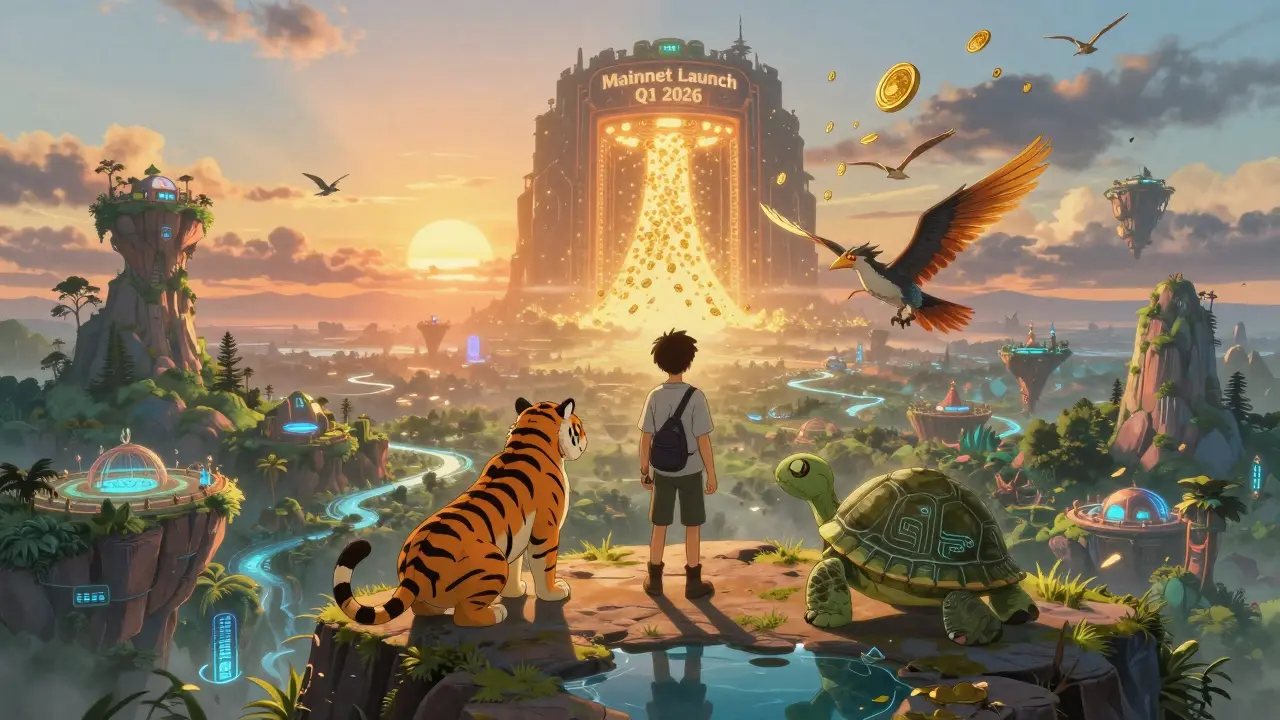 A player stands atop a cliff at dawn with three NFT animals as a massive portal opens, releasing golden tokens that become birds.