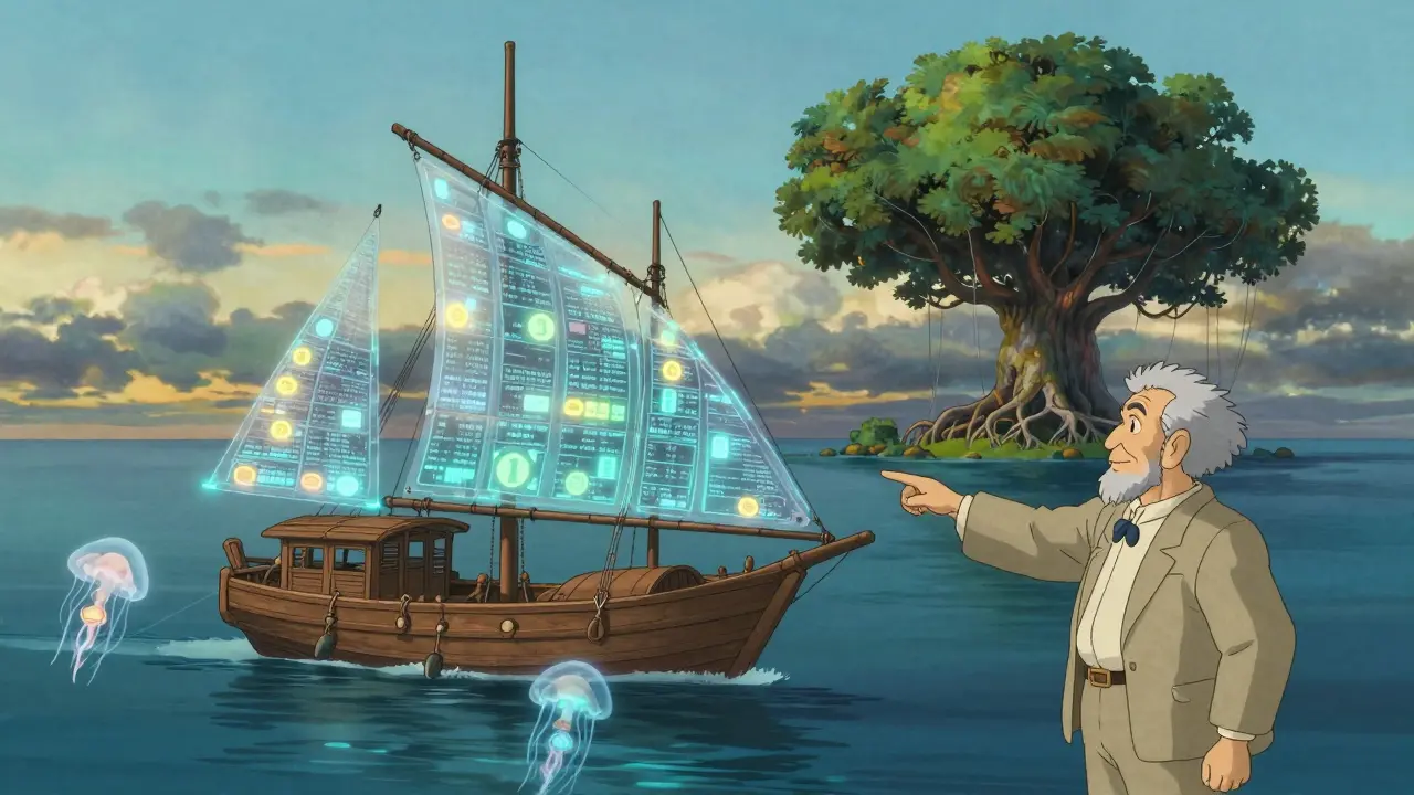 A sailboat turned crypto fund drifting in calm waters, with digital tokens glowing like jellyfish.