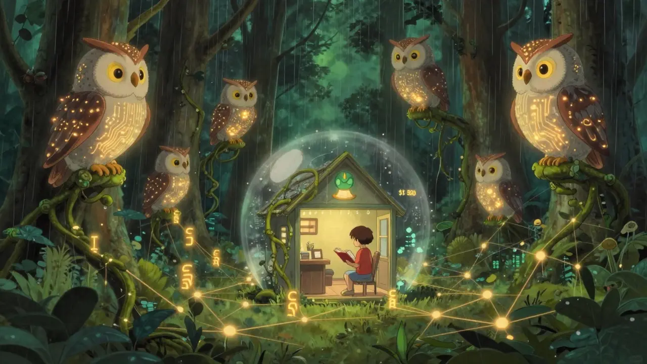 A tiny nonprofit office protected by glowing owls made of code, as a donor’s gift flows through vines of light to a child with a book.