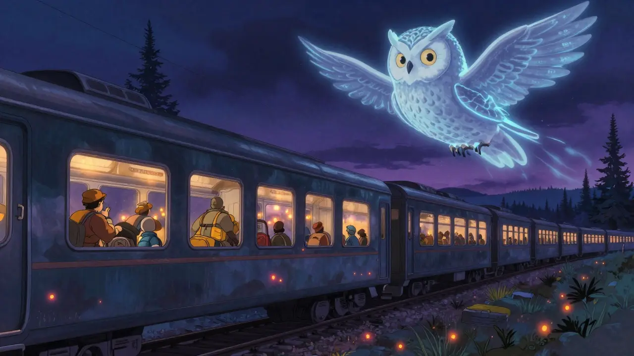 A train carrying miners at night, heading toward distant lights, watched over by an owl made of electricity.