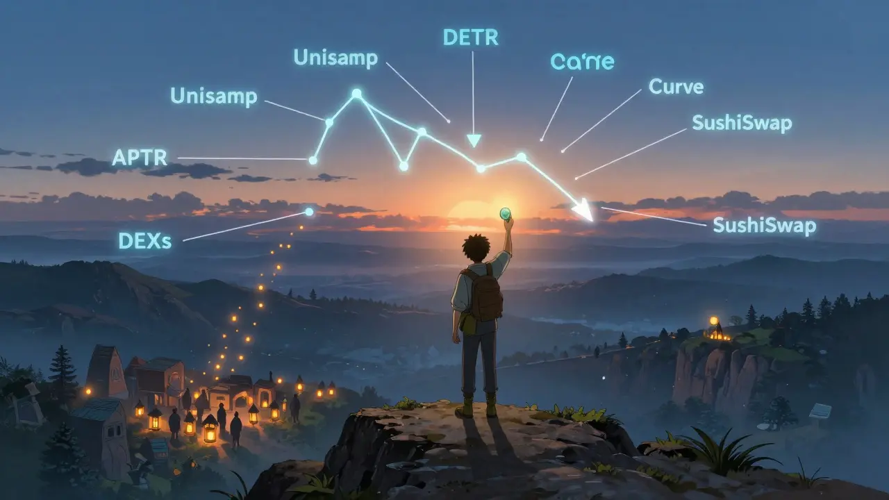 A traveler holds an APTR token as a vast digital DEX landscape glows beneath them at dawn, with lanterns rising to form a token supply chart.