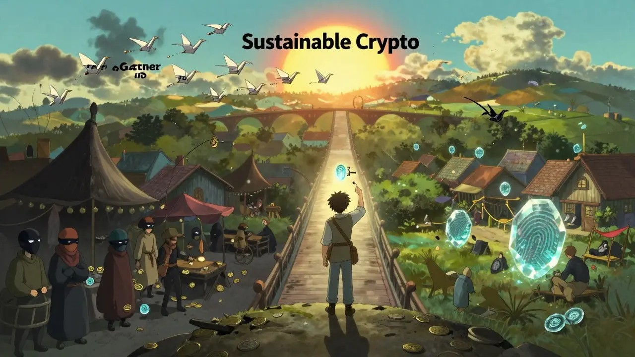 A traveler stands on a bridge between chaos and peace, holding a fingerprint key that dissolves shadows as paper cranes fly toward the sun.