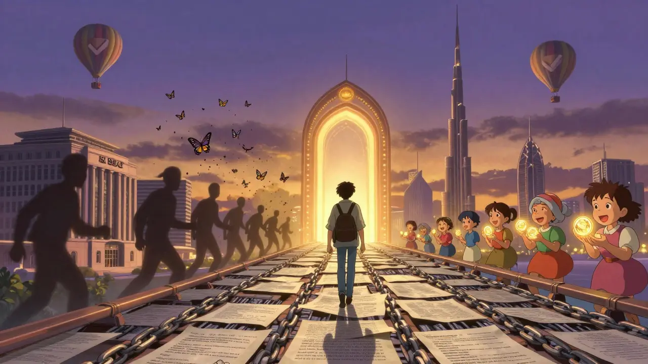 A traveler walks a bridge of laws and blockchains toward a harmonious future where tokens flow freely across borders.