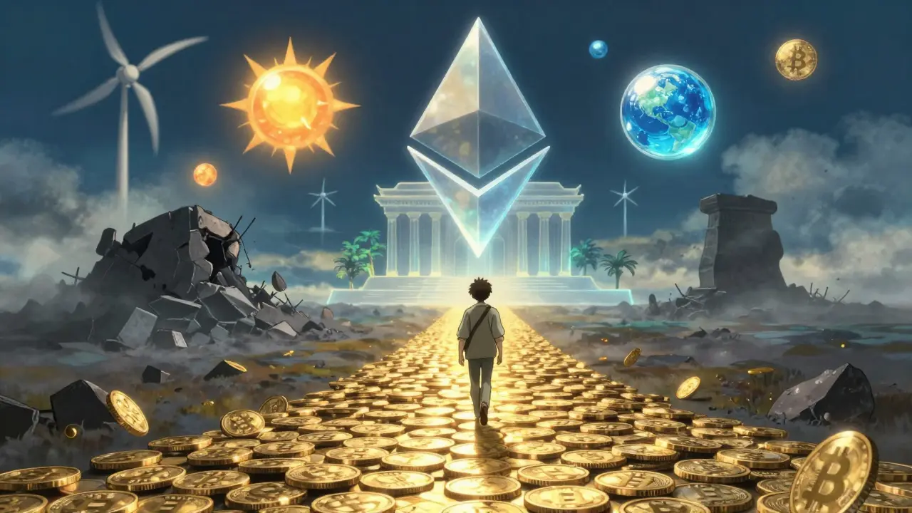 A traveler walks on a path of golden coins toward a glowing Ethereum temple surrounded by renewable energy orbs.