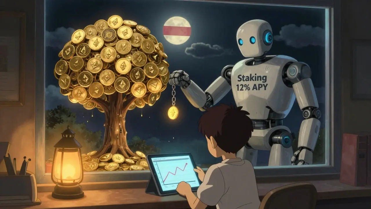 A user in a cozy room watches a draining robot siphoning energy from token trees, with banned country clouds overhead.