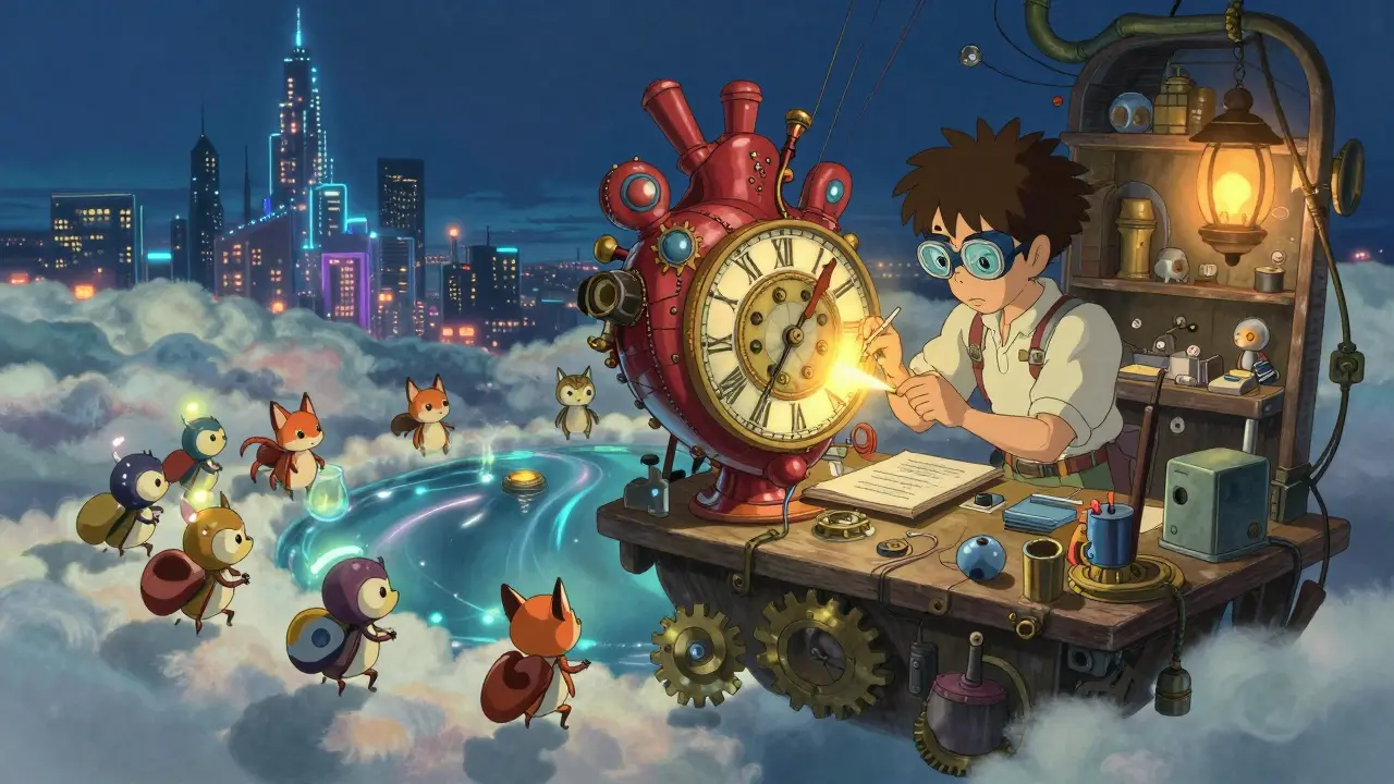 A whimsical workshop with a clockwork singleton contract and tiny hook-creatures reconfiguring liquidity pools in a cloud-filled sky.