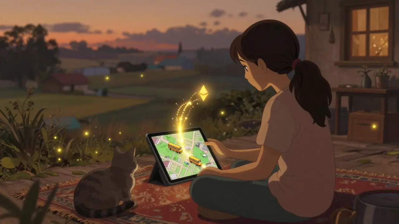 A woman in her home watching animated school buses travel across a map, connected by golden light to a digital node.