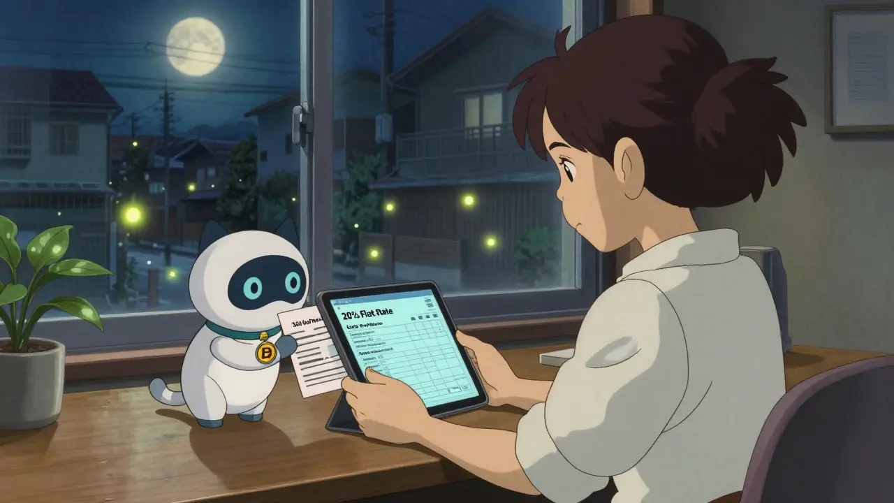 A woman in Osaka receives a tax form from a robot cat, moonlight casting hope over crypto balances and floating DeFi icons.