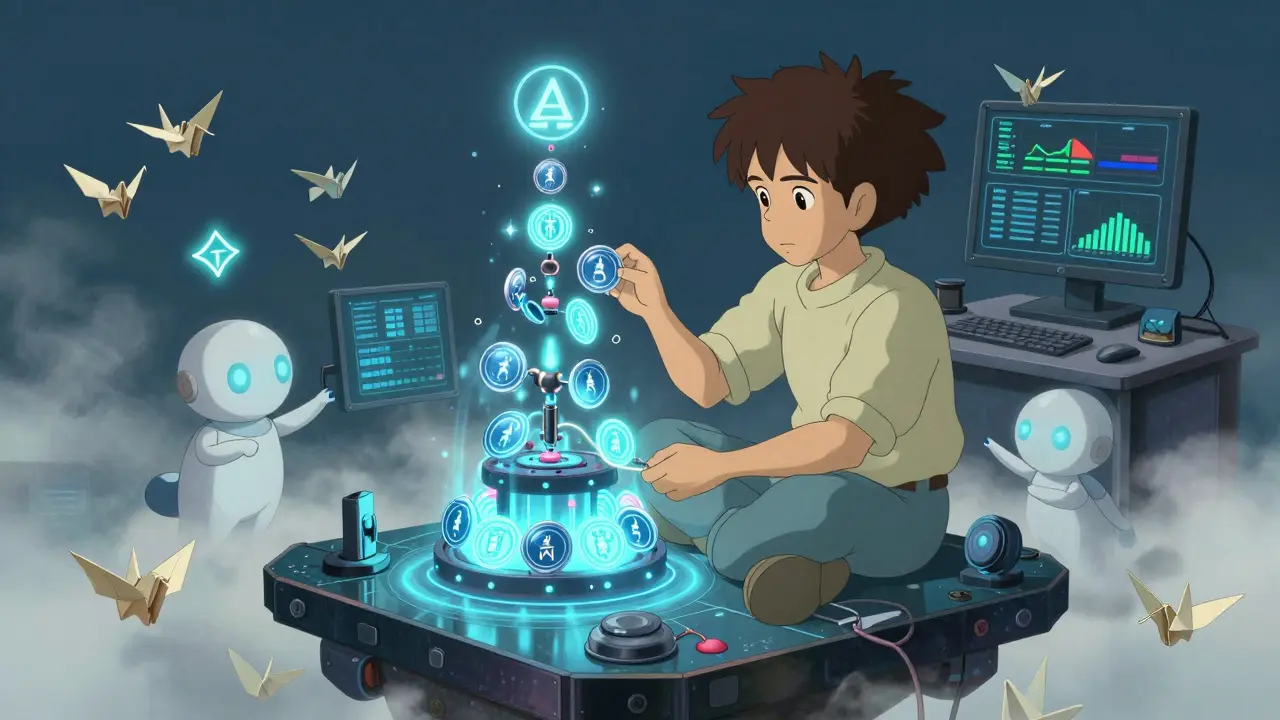 A young programmer assembling yield tokens with AI assistants, surrounded by mist and paper cranes.