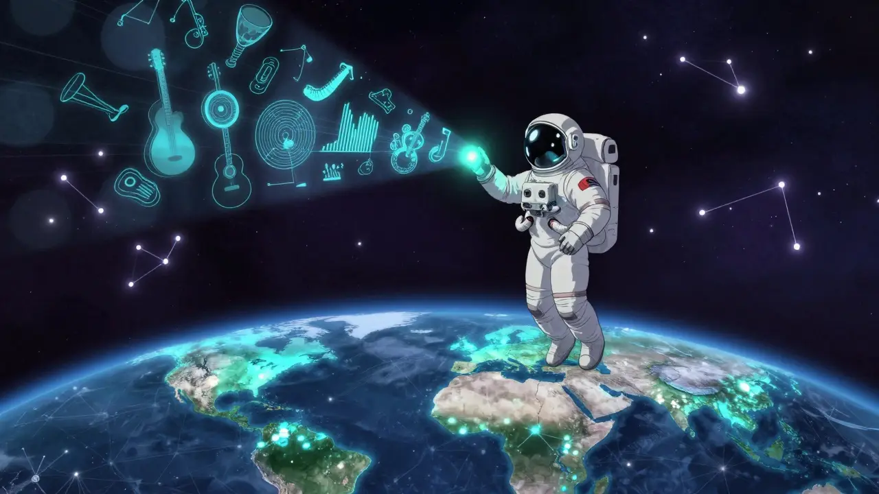 An astronaut floats above Earth holding a glowing beat NFT that projects a holographic symphony into space.
