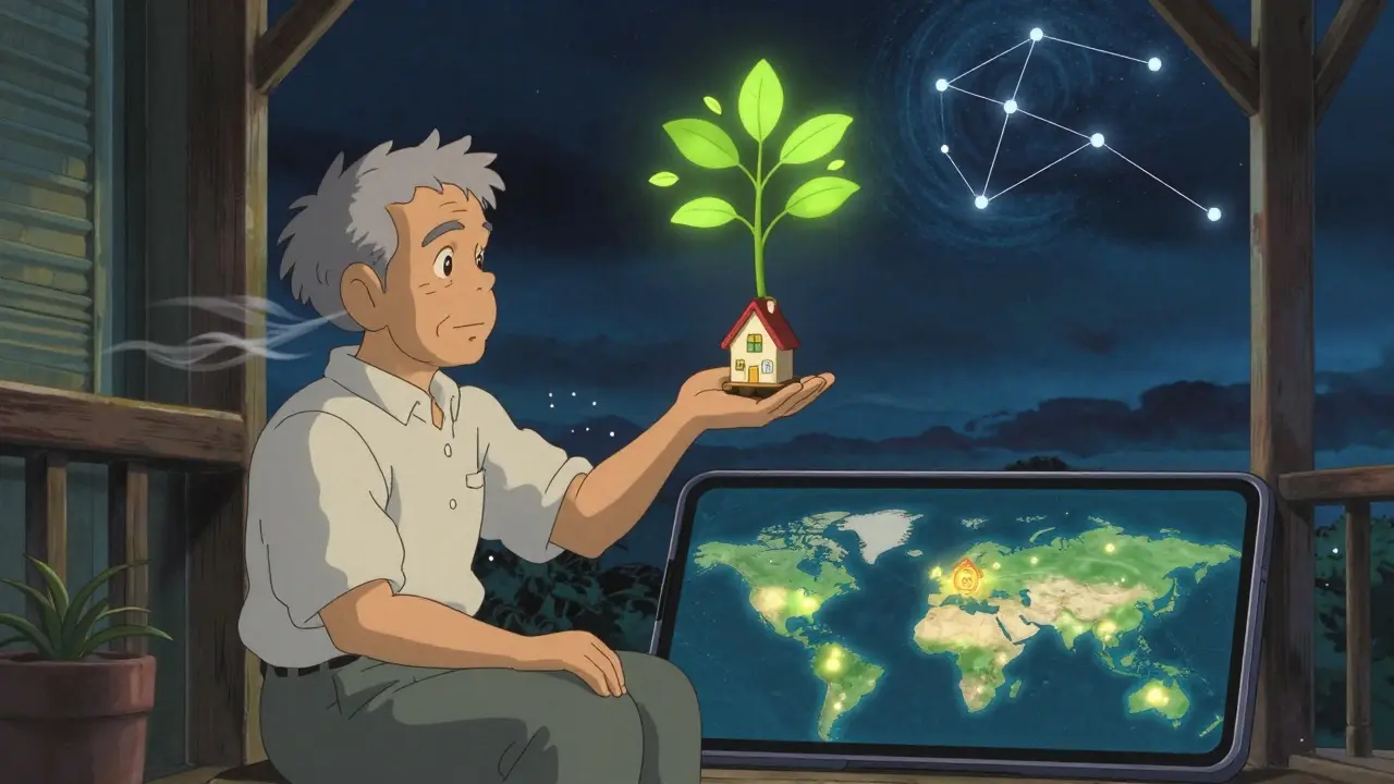 An elderly man releases a token-shaped house into the sky, as a tree of dividend leaves grows from his phone under a starry blockchain sky.