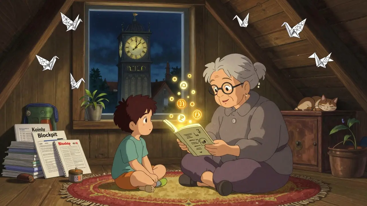 An elderly woman and child review a glowing crypto ledger in a cozy Berlin attic, with blockchain cranes fluttering nearby.