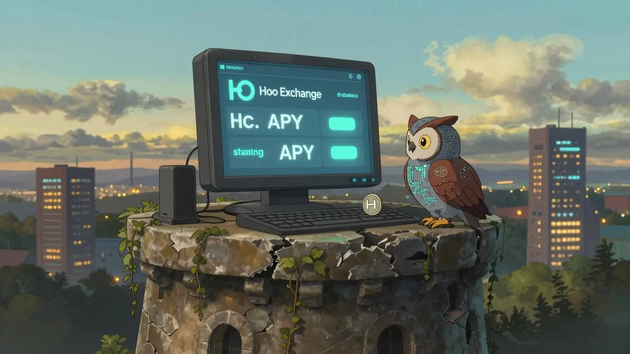 An empty trading terminal sits on a crumbling tower as a mechanical owl watches a single HOO token.
