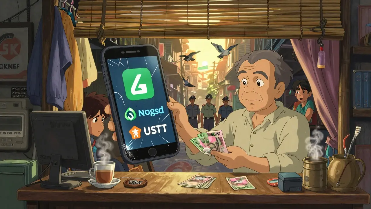 An old shopkeeper exchanges cash for cryptocurrency in a hidden alleyway exchange in Dhaka.