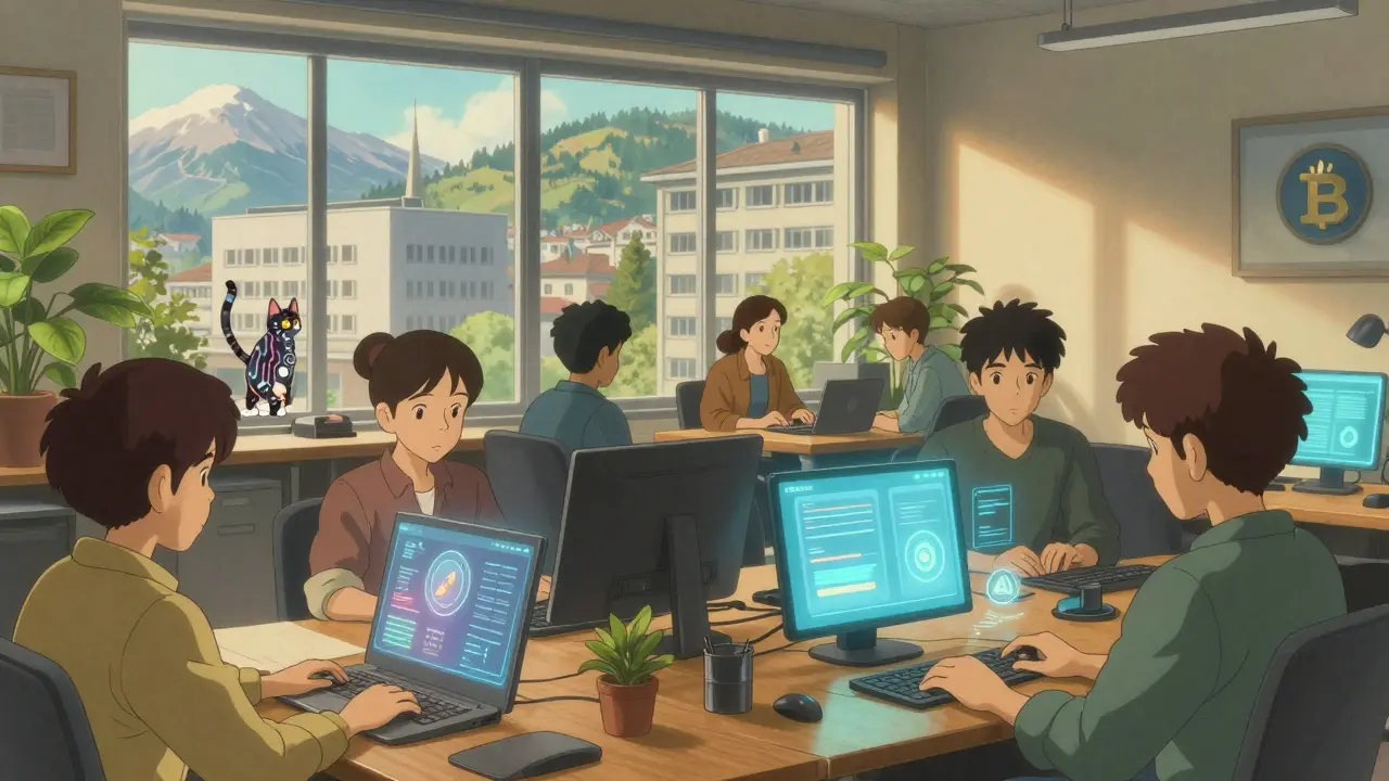 Cheerful team working in a Swiss office surrounded by floating holographic tokens and a curious cat.