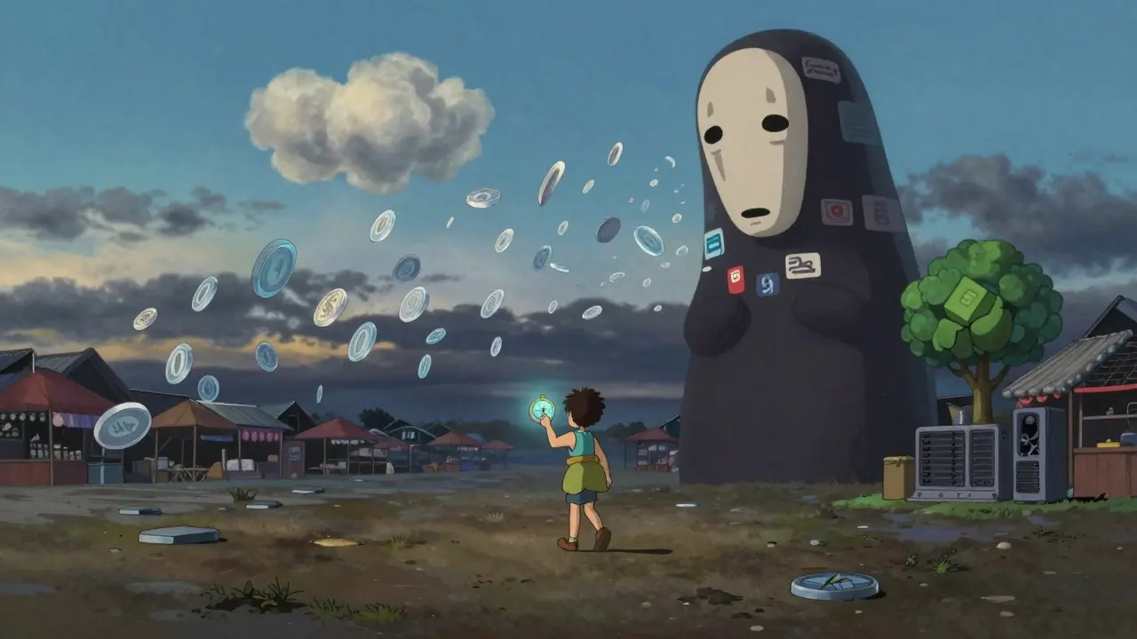 Empty floating tokens drift in a twilight marketplace, while a child holds a compass pointing to an unknown symbol.