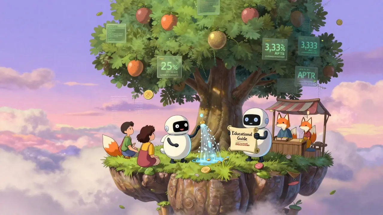 Friendly fox-like bots transform educational guides into APTR tokens in a magical marketplace among cloud islands.