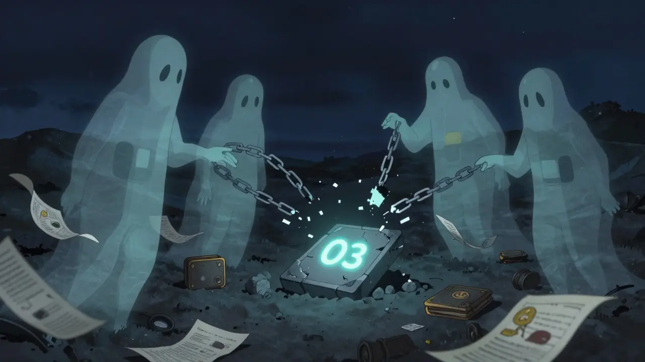 Ghostly users reach for dissolving transaction chains in a moonlit digital wasteland, a single O3 token glows faintly.