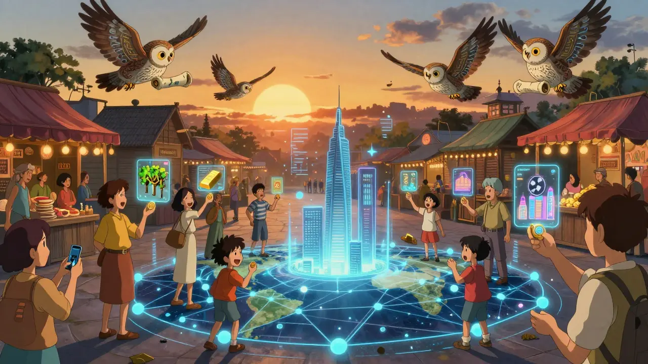 People from around the world trade tokenized assets in a magical marketplace, with holograms of real estate, art, and gold glowing in the twilight.