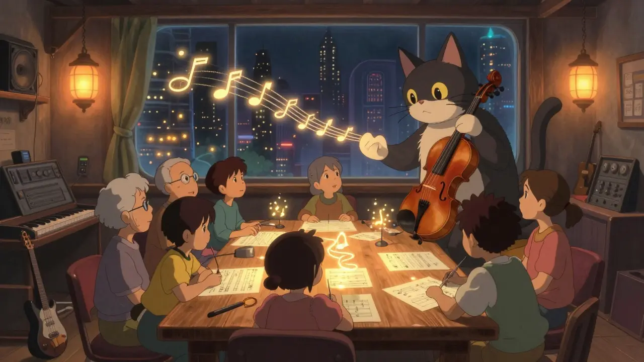 People gather around a wooden table with floating music stems and HUSL tokens in a warm, lantern-lit studio.