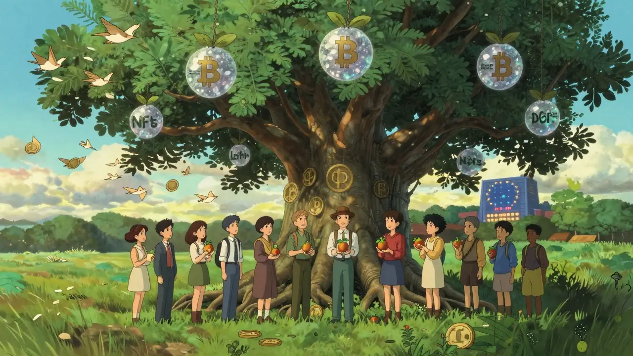 People wait beneath a tree with crypto-fruit branches, harvesting tax-free assets after one full year of patience.