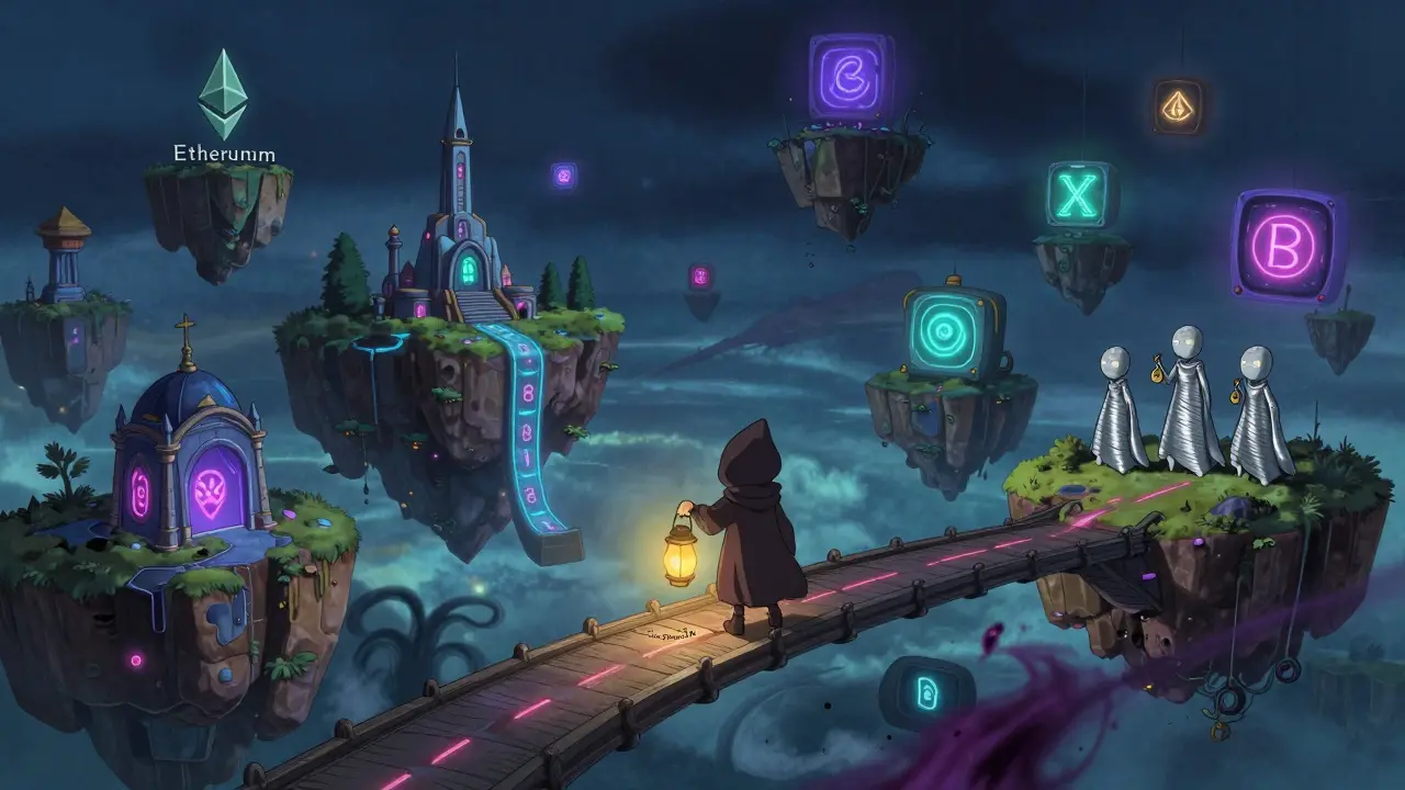 Staker on a bridge between blockchain islands, holding a lantern of slash protection.