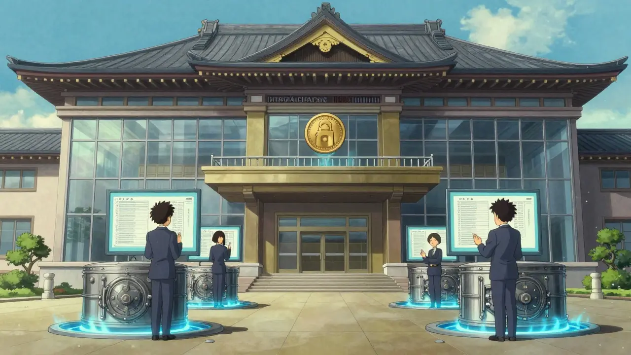 The FSA building with glowing cold wallet vaults below, regulators reviewing digital ledgers on paper screens in soft Studio Ghibli style.