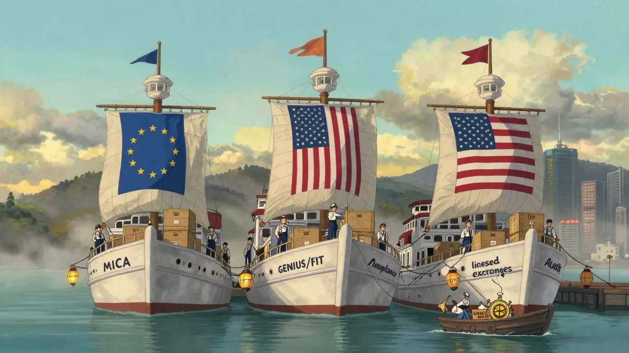 Three elegant ships docked together labeled MiCA, GENIUS/FIT, and Hong Kong, with sailors unloading crates of trust at dawn.