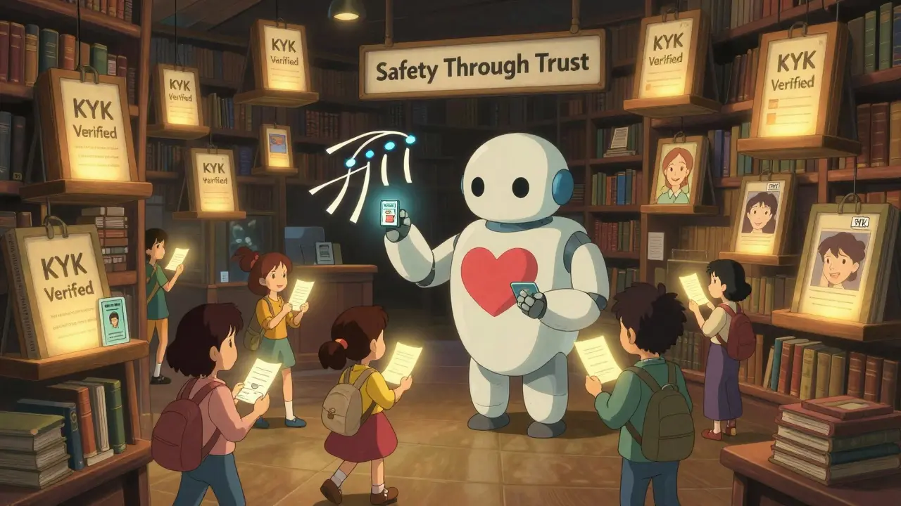 Users walk through a magical library of glowing KYC ledgers, with animated paper spirits glowing brighter as they verify their identity.