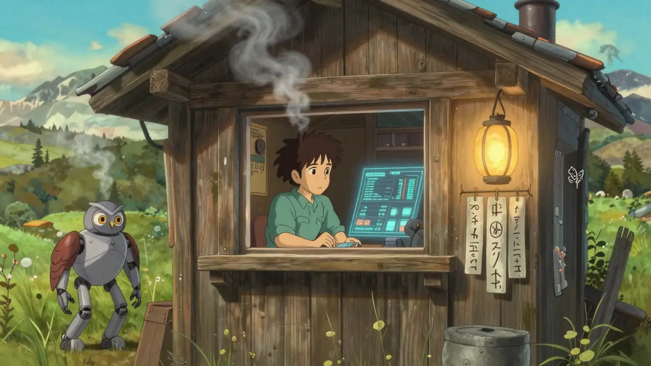 Validator in a cabin watching a holographic dashboard, with a sentry robot and glowing remote signer.