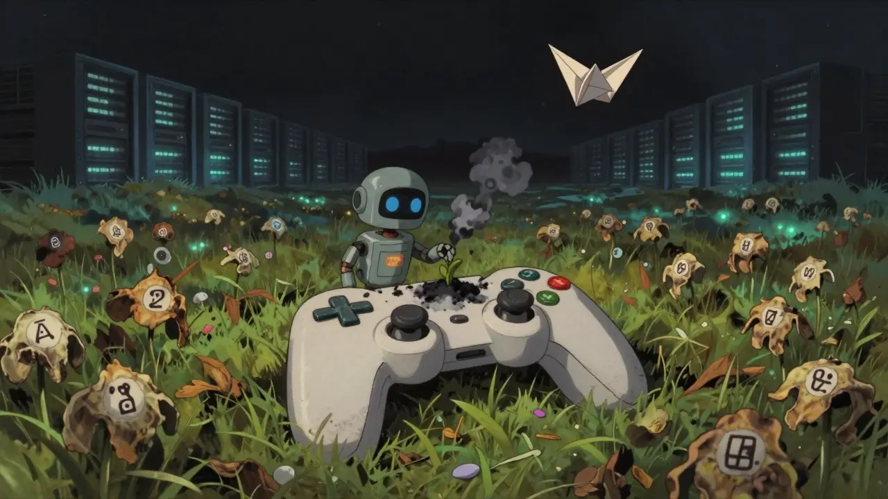 A broken game controller rests in a field of dying digital flowers, with a lonely robot trying and failing to grow a token seed.
