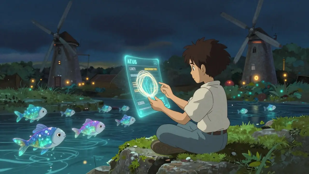 A calm trader setting a limit order amid floating data streams and animated tokens in a magical, serene environment.
