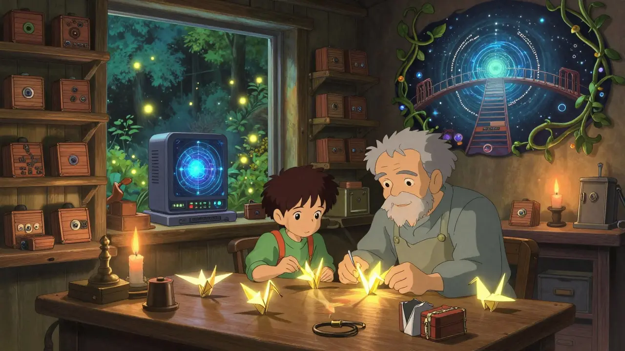 A child and inventor craft quantum-resistant keys from origami cranes in a warm, candlelit workshop.