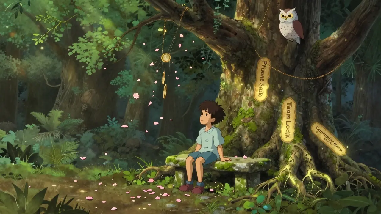 A child beside an ancient contract tree with PERA token petals falling, watched by a quiet owl.