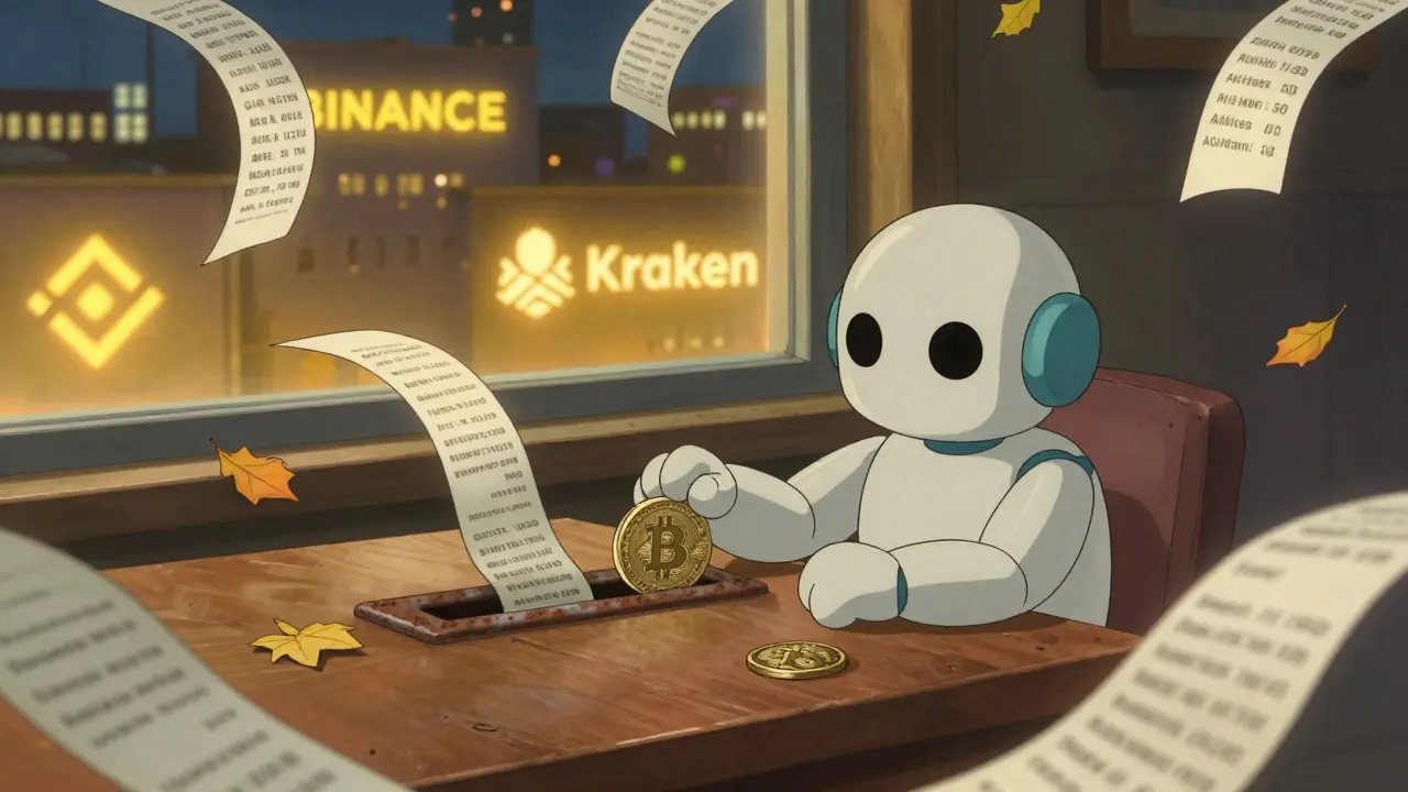 A child-like robot attempting to deposit Bitcoin into a rusted wire slot, with recovery service receipts swirling around.