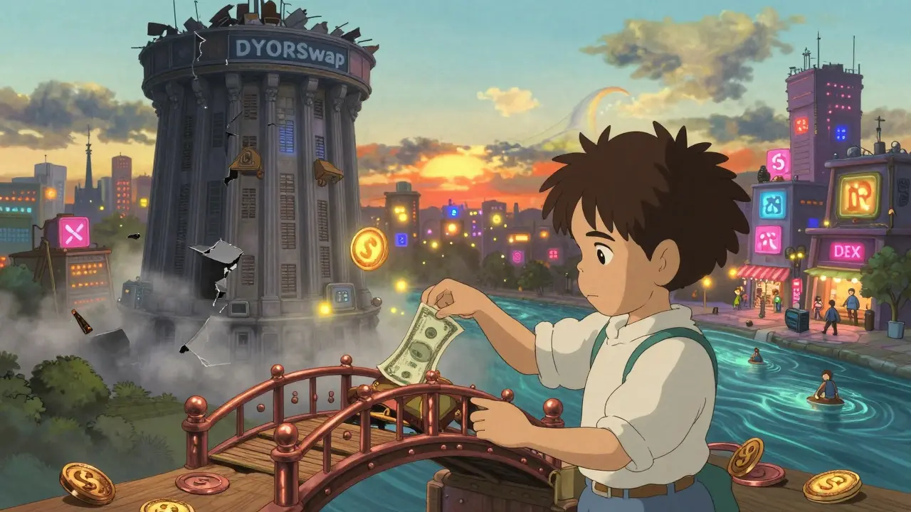 A child placing a  bill into a mechanical bridge as golden S tokens float away, while a crumbling DYORSwap tower fades into mist.