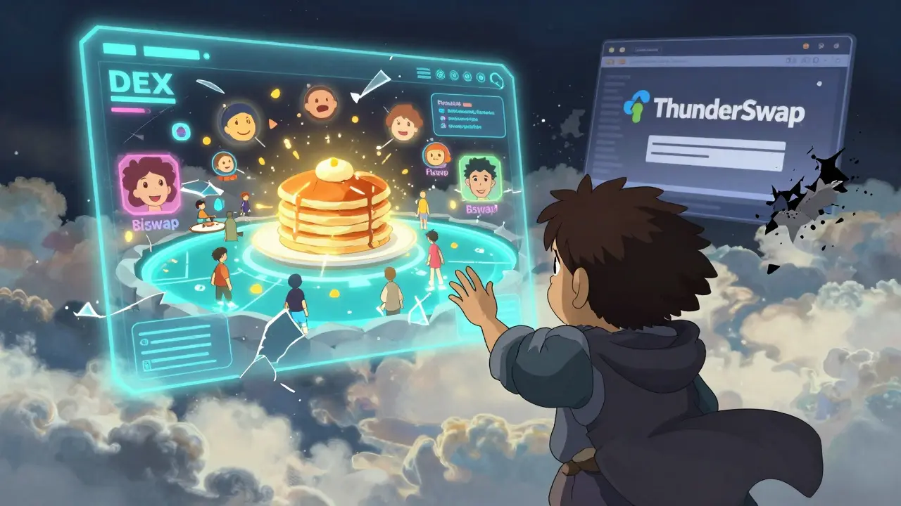 A child spirit reaches toward a broken DEX interface while other DEXs glow warmly in the distance.