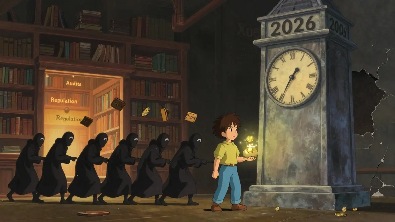 A child watches as wallets are dragged into darkness by shadowy figures near a frozen clock labeled 2026, while a safe library glows nearby.