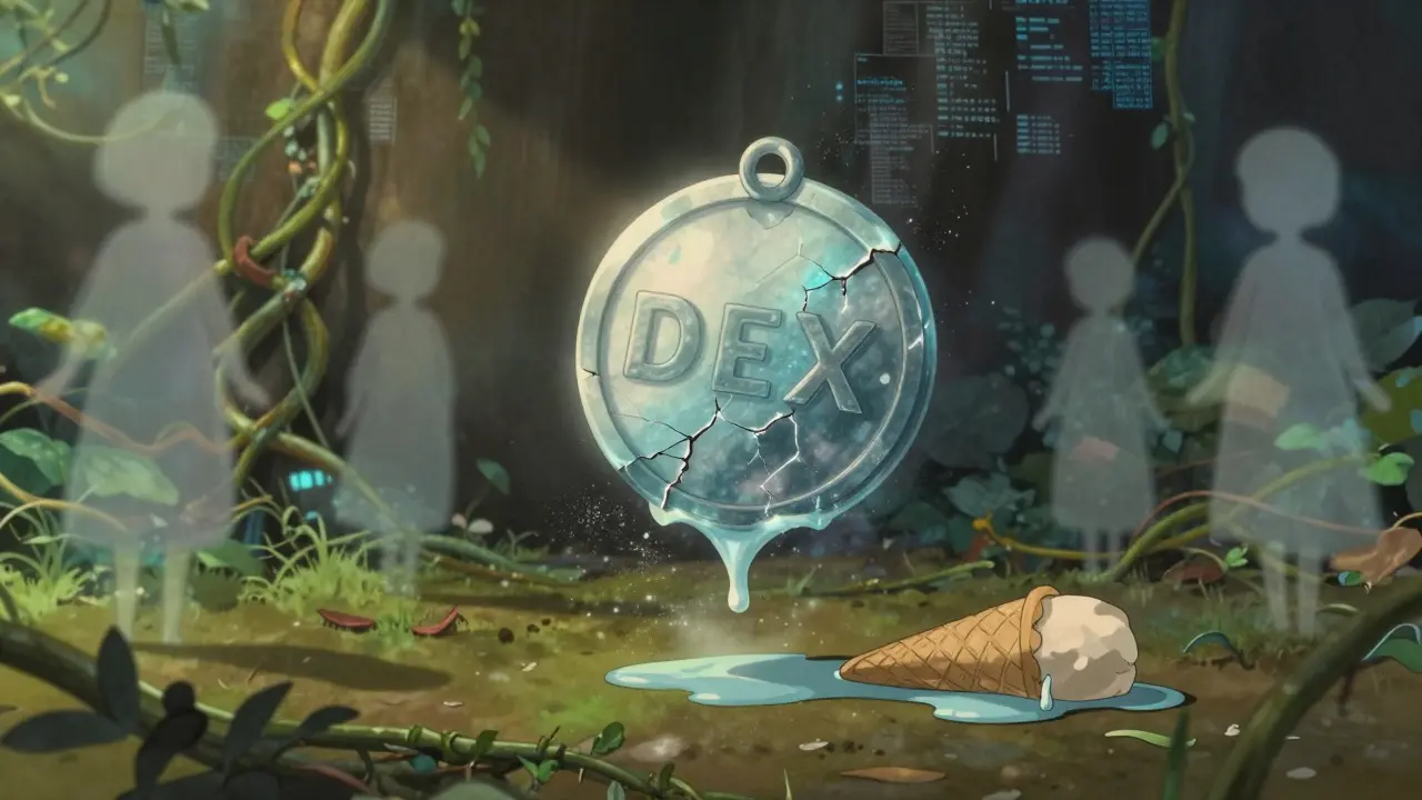 A cracked ICE token dissolves into glowing dust as fading figures walk away from a decaying digital garden.