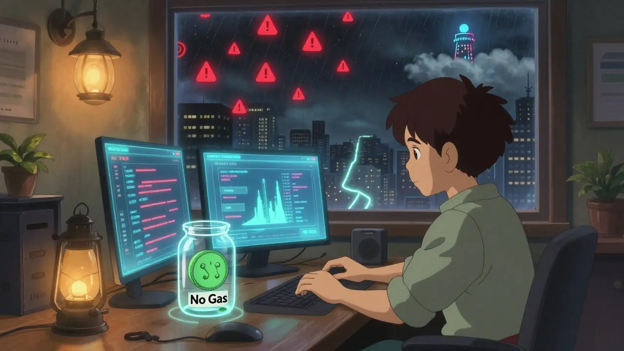 A developer in a lantern-lit workshop surrounded by holograms, with a trapped SONIC token and a storm of warning symbols above a silent blockchain city.