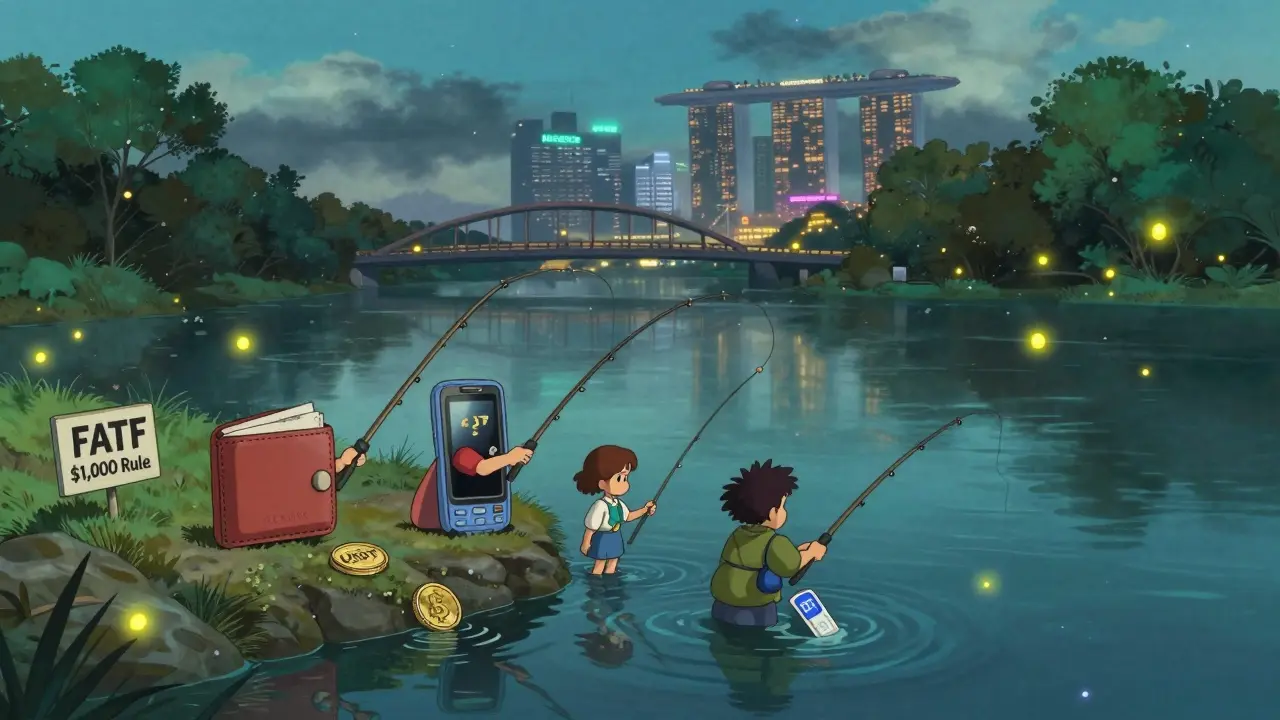 A family of wallet creatures fish in a digital stream, with a sign for FATF rules on the bank and a glowing Singapore city in the distance.