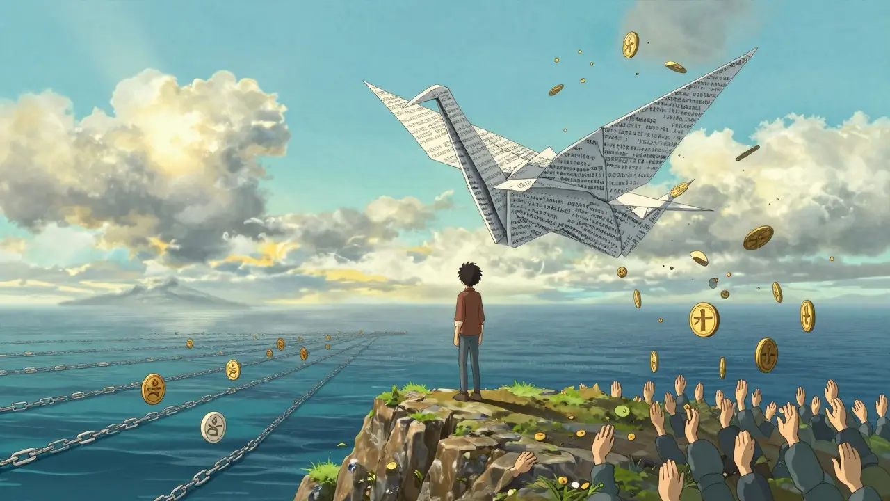 A figure watches as a blockchain crane scatters tokens to many hands, symbolizing fair distribution in Studio Ghibli style.