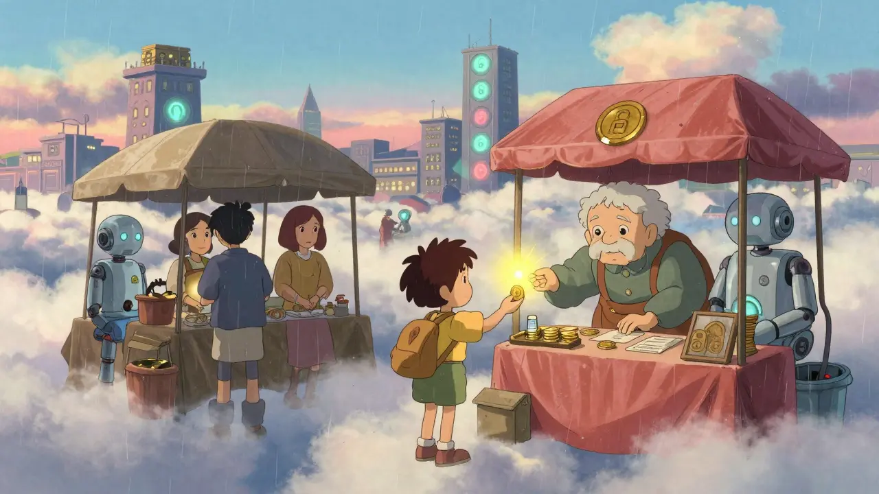 A floating marketplace where a child receives a staking reward from a validator, surrounded by soft pastel skies.