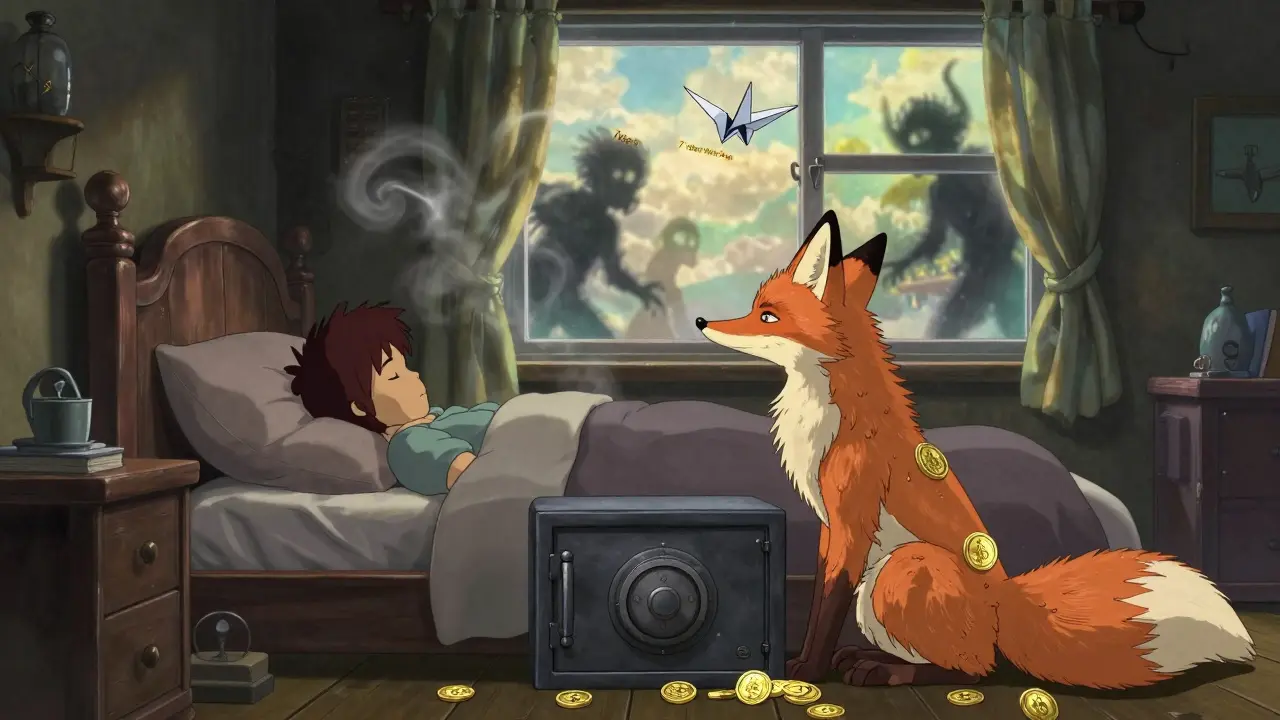 A fox spirit made of crypto tokens guards a sleeping user, with hacking threats dissolving into smoke at dawn.