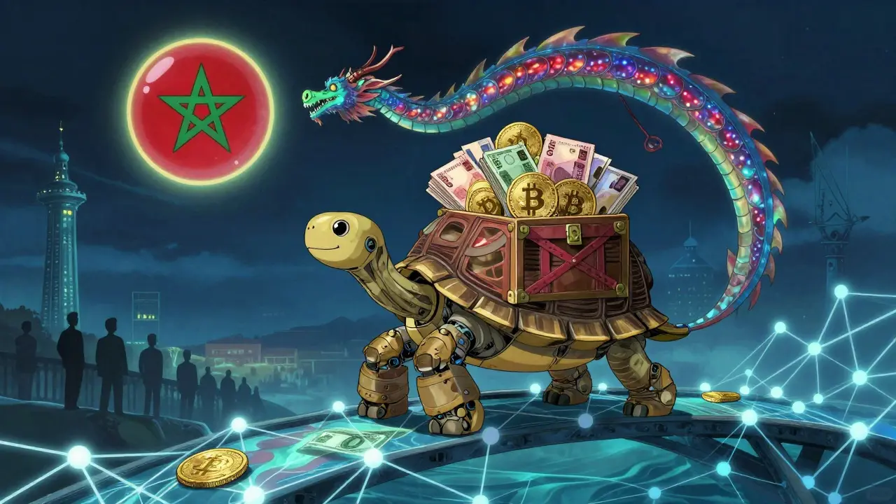 A giant robotic tortoise carries money and crypto across a digital bridge, watched by a glowing dragon above.