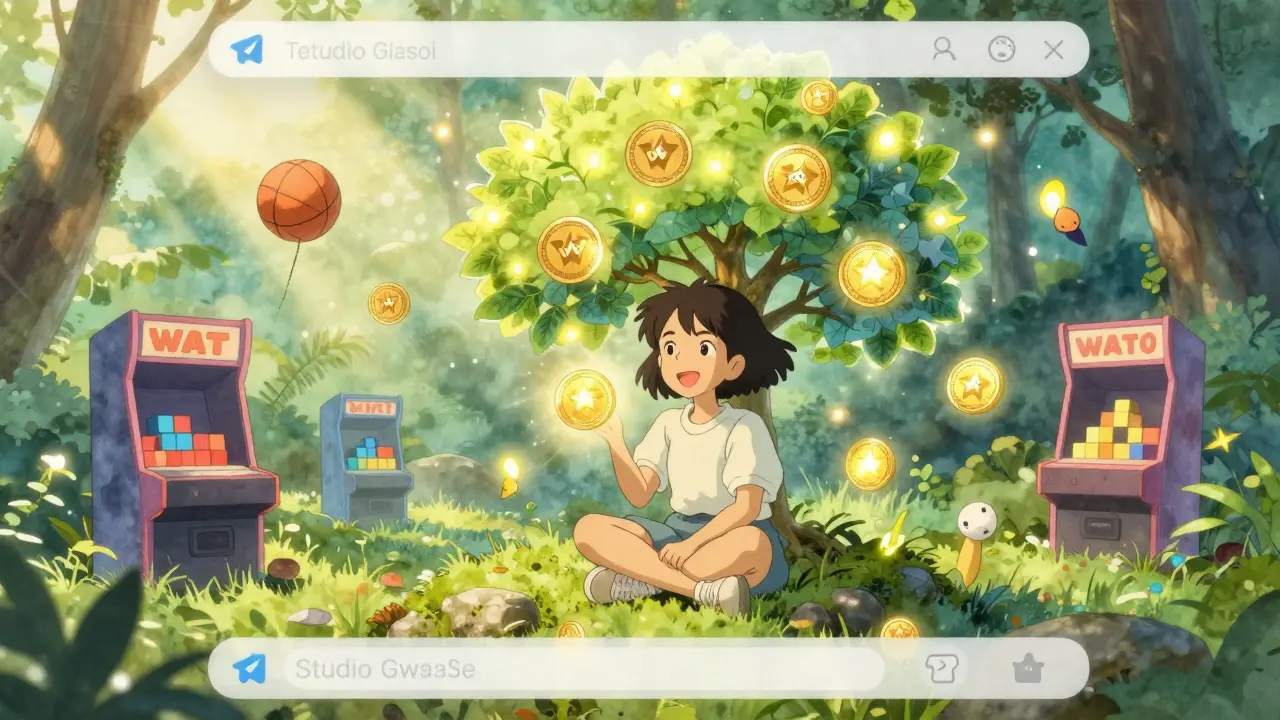 A girl in a sunlit Telegram interface collecting WATCoin fireflies while arcade games float around her in Studio Ghibli style.