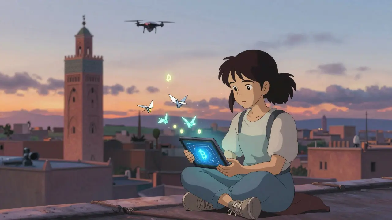 A girl on a rooftop watching digital Bitcoin cranes float into the sky as the city wakes up.