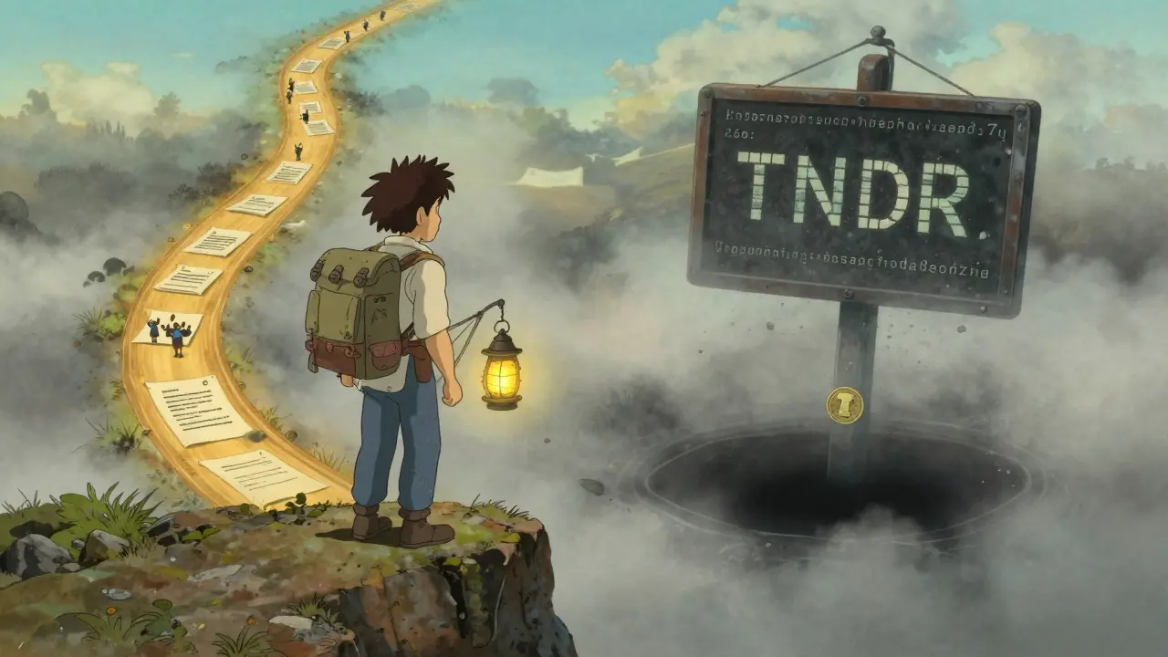 A guide stands at a crossroads between a safe path of audits and a misty path of dead code.