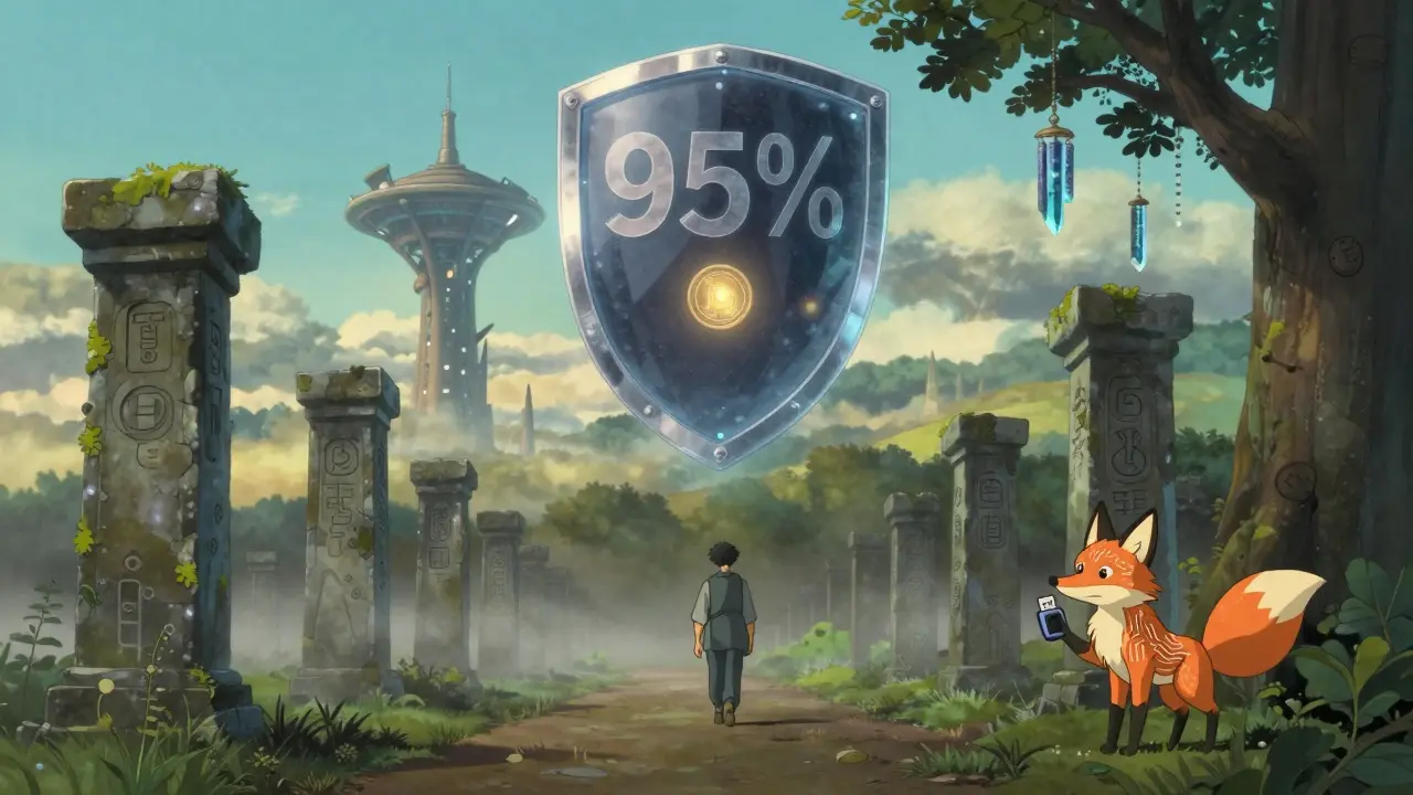 A lone trader walks at dawn past crypto-symbol pillars, under a giant shield showing cold and hot storage, with a curious fox watching.